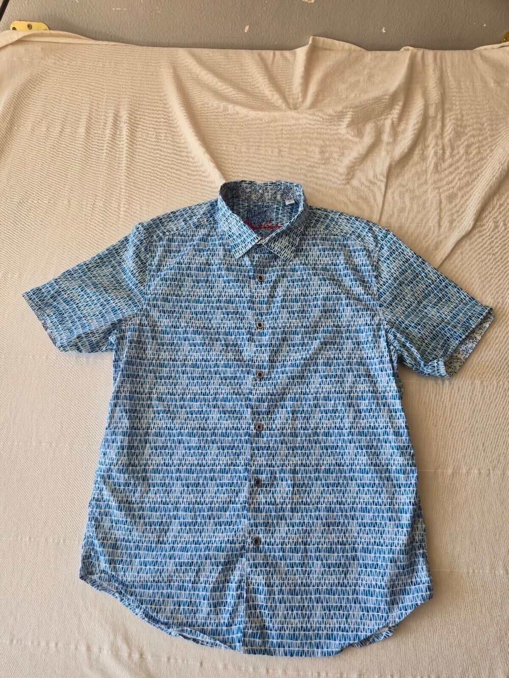 Robert Graham Men's Short Sleeve Button-Up Shirt Blue Geometric Pattern Size L